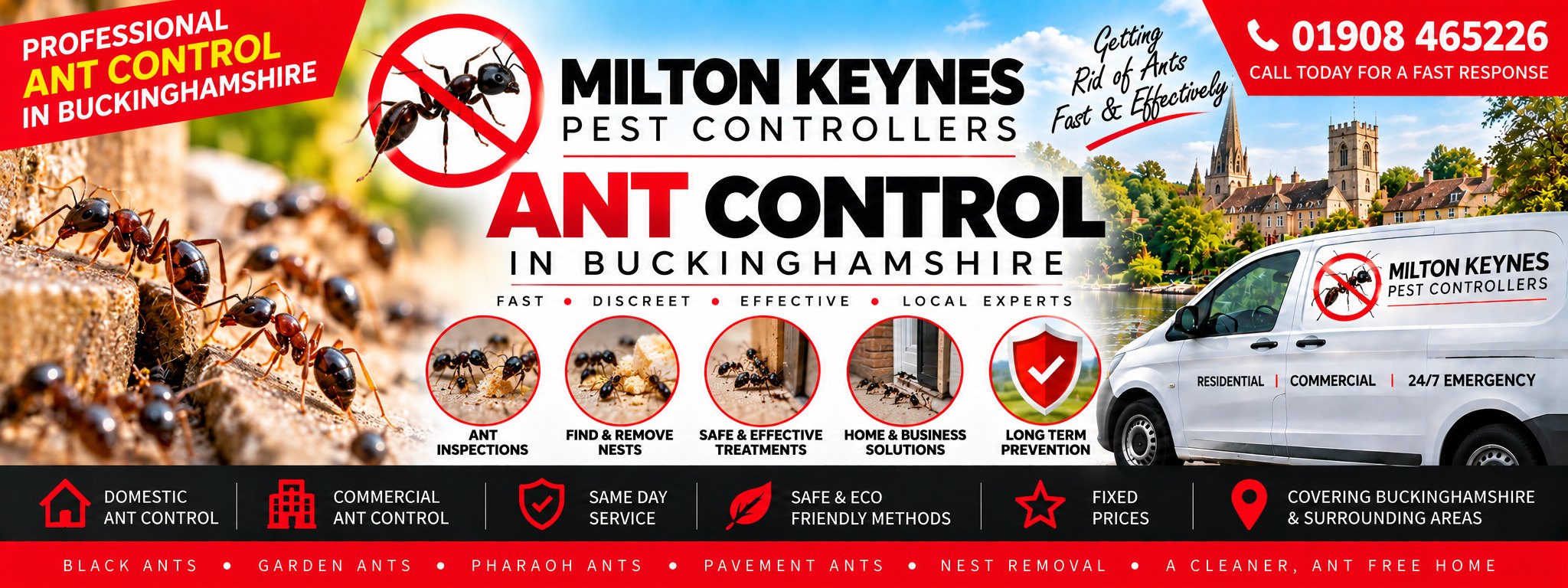 Milton Keynes Pest Controllers ant control banner &mdash; ants on stonework, the company van, and the phone number 01908 465226