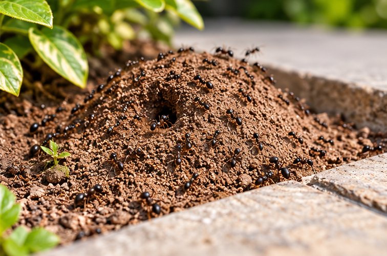 A mound of fine excavated soil in the bed at the edge of a paving slab, with an entrance hole at its centre and small dark ants moving over it, foliage behind