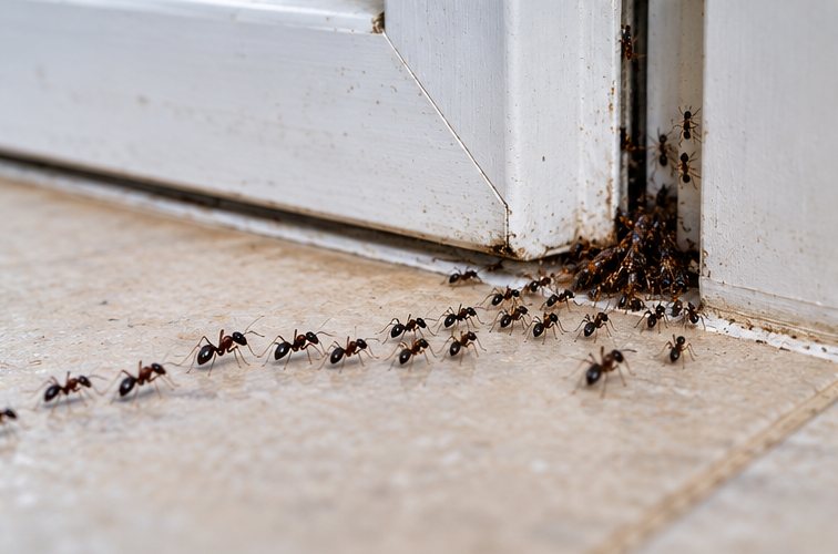 A line of ants crossing a pale tiled floor and converging on the bottom corner of a white painted door frame, clustering at the joint where they go in