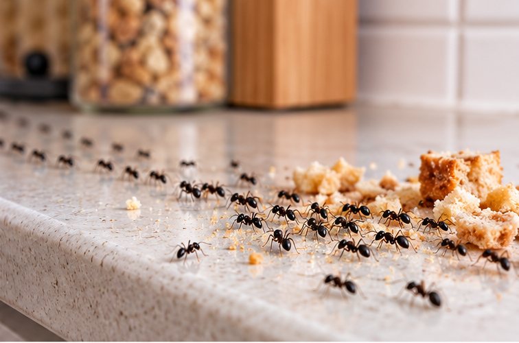 A line of ants running along the edge of a speckled kitchen worktop to a scatter of bread crumbs, with storage jars behind