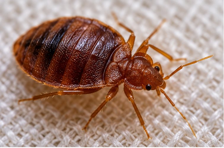 Close-up of a single adult bed bug on coarse woven cream fabric, its oval body banded reddish-brown and rounded out by a recent feed, with all six legs visible