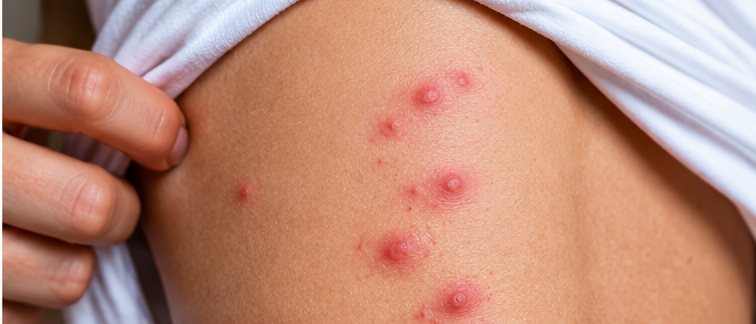 A hand lifting a white t-shirt to show a group of raised red bite marks on the side of someone’s back