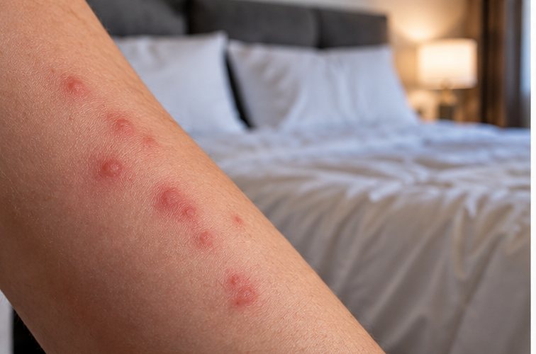 A line of raised red bite welts along the inside of a forearm, with a made-up bed and pillows out of focus behind