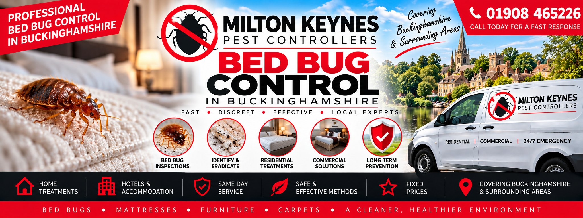 Milton Keynes Pest Controllers bed bug control banner &mdash; a bed bug on bedding, the company van, home and hotel treatments, same day service, and the phone number 01908 465226