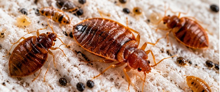 Several bed bugs of different sizes on pale textured fabric, surrounded by scattered black faecal spots