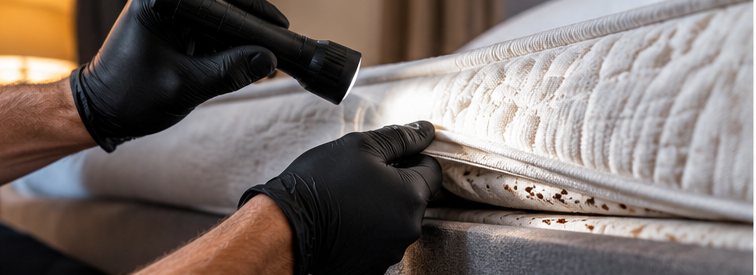 Two gloved hands, one holding a small torch, easing back the edge of a quilted mattress to inspect the seam beneath it
