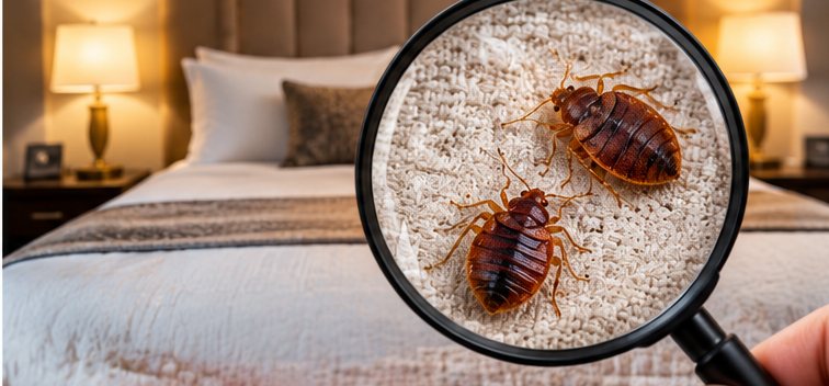 A hand holding a magnifying glass over the corner of a made-up double bed in a lamp-lit room, with two bed bugs enlarged in the lens