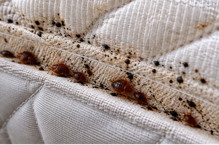 A cluster of live bed bugs tucked into the quilted seam of a cream mattress, with heavy black faecal spotting along the stitching either side of them