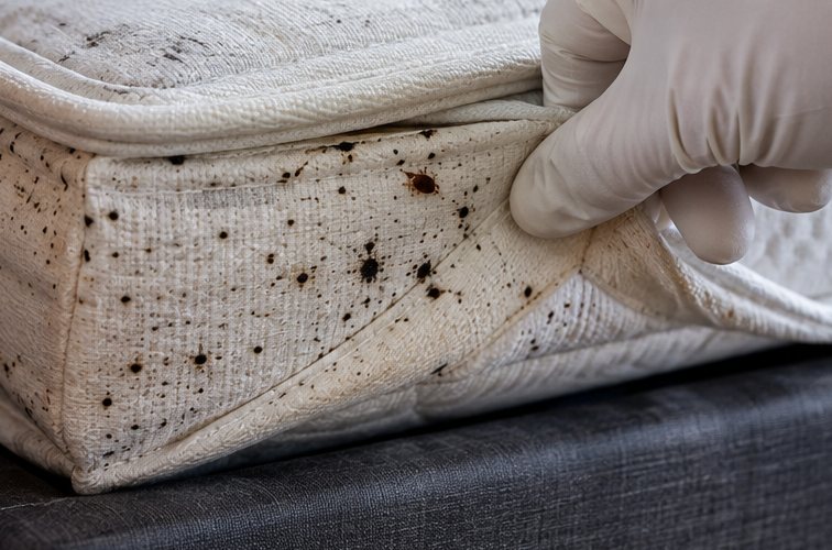 A gloved hand lifting the piping along the edge of a mattress, exposing dense black faecal spotting across the seam with one bed bug sitting on it