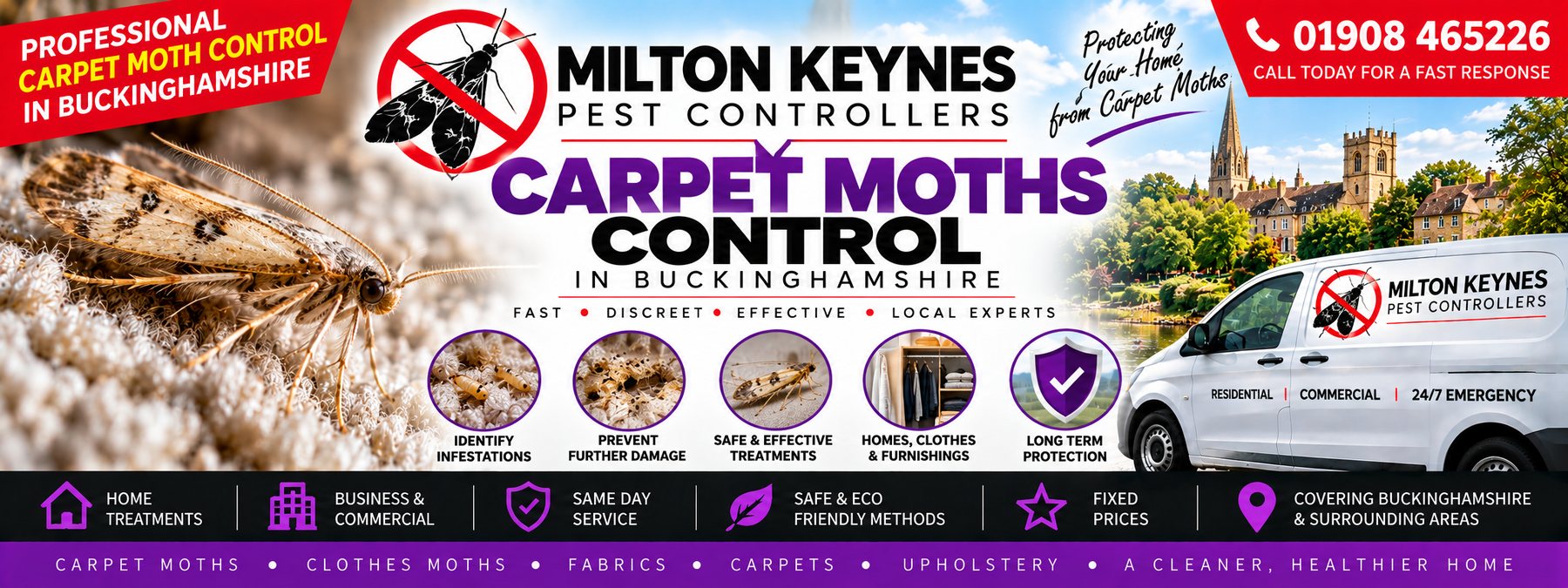Milton Keynes Pest Controllers carpet moth control banner &mdash; a clothes moth on carpet pile, larvae in cases, the company van and the phone number 01908 465226