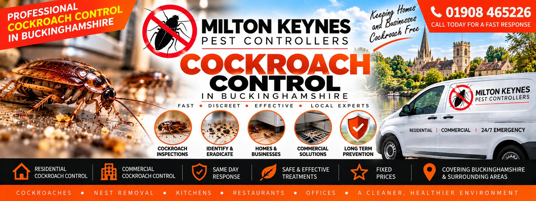 Milton Keynes Pest Controllers cockroach control banner &mdash; a cockroach close up, the company van and the phone number 01908 465226