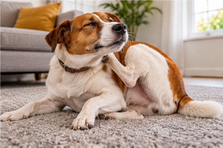 A tan and white terrier lying on a living room carpet in front of a grey sofa, scratching at its neck with a hind leg
