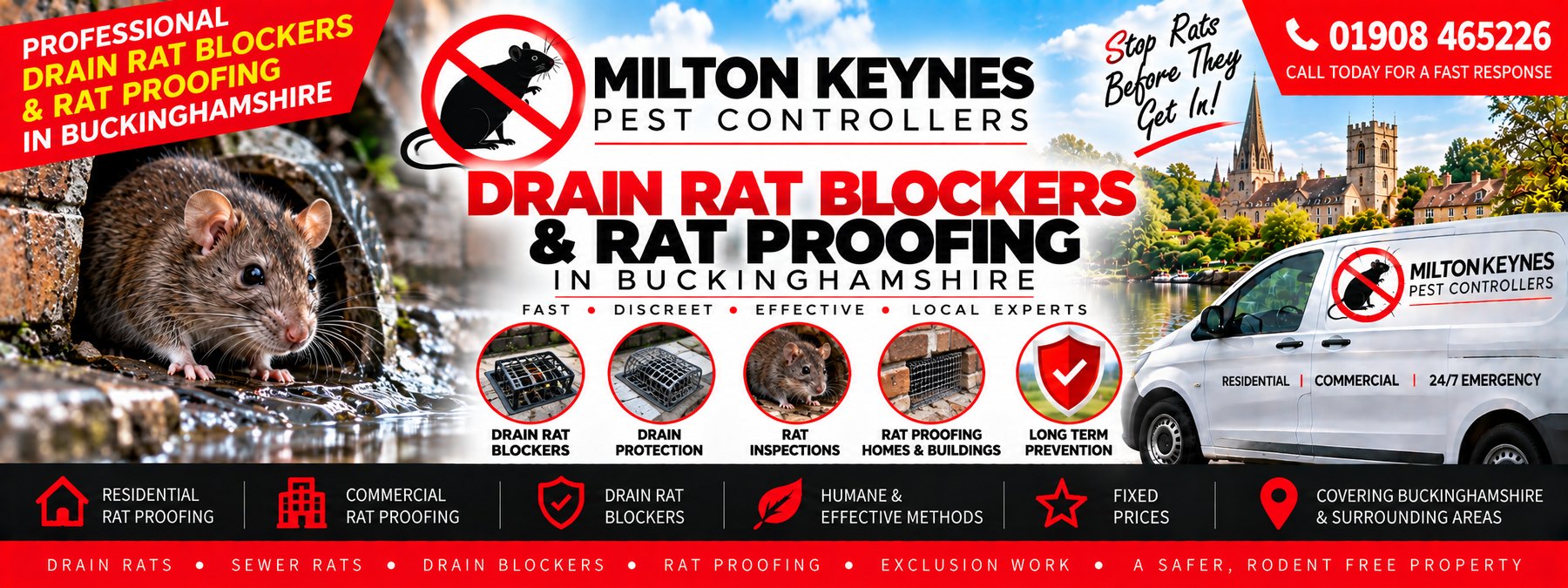 Milton Keynes Pest Controllers drain rat blockers banner &mdash; a rat at a drain outfall, the company van and the phone number 01908 465226