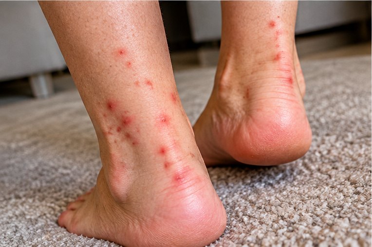 Clusters of small red flea bites across a person’s ankles and lower legs, standing on a carpet