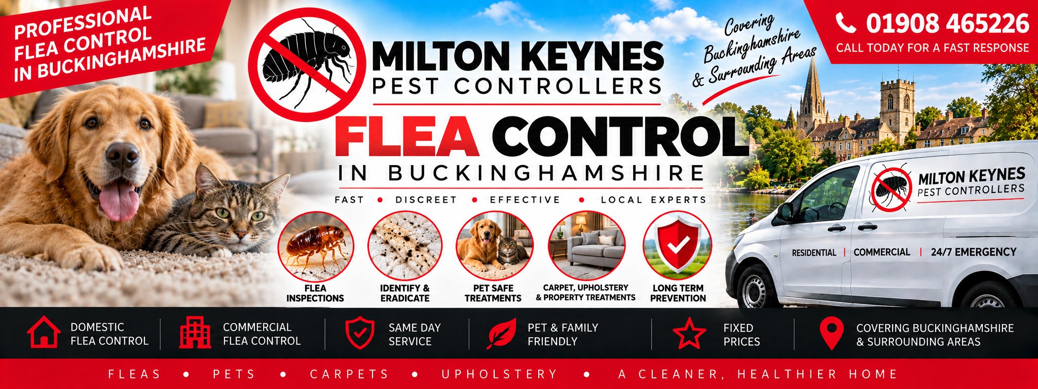 Milton Keynes Pest Controllers flea control banner &mdash; a dog and a cat lying together on a carpet, the company van, and the phone number 01908 465226