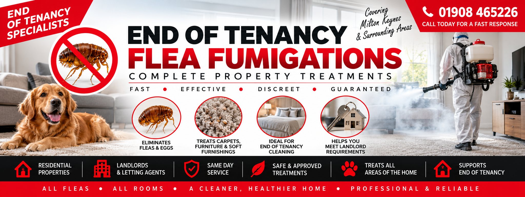 Milton Keynes Pest Controllers end of tenancy flea fumigation banner &mdash; a technician in full protective equipment fogging a bedroom, a dog on a carpet, a magnified flea, and the phone number 01908 465226