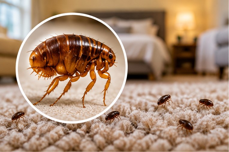 A close-up of adult fleas in the pile of a pale carpet, with one magnified in an inset circle, in front of a bedroom