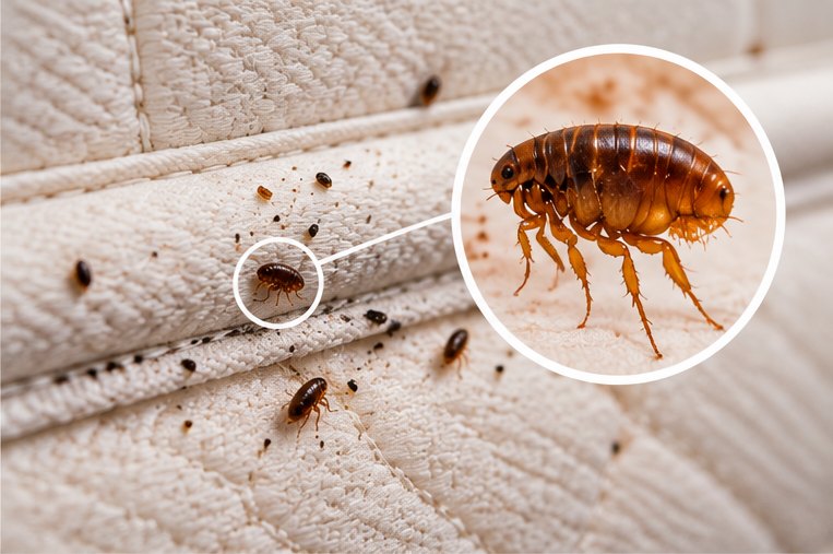 Several adult fleas along the quilted seam of a cream mattress with dark specks of flea dirt scattered around them, one flea magnified in an inset circle