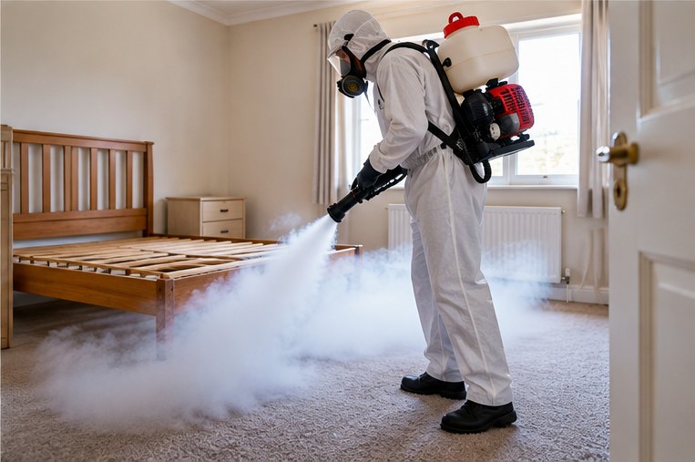 A technician in a protective suit and respirator fogging an unfurnished bedroom, a stripped wooden bed frame and a chest of drawers standing clear of the open carpet