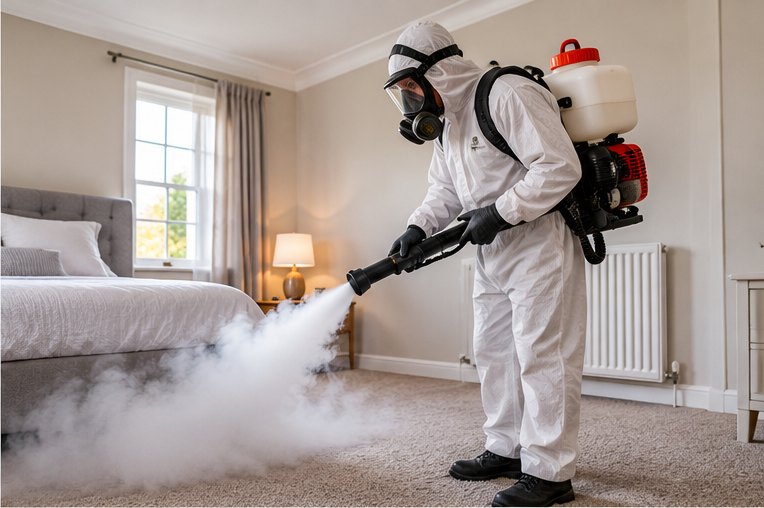 A technician in a protective suit and respirator fogging a furnished bedroom, directing the fog low across the carpet beside the bed