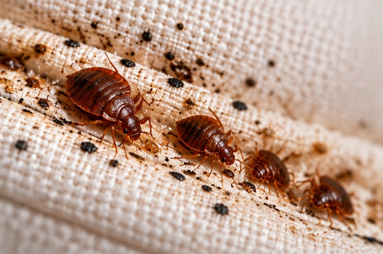 Several bed bugs of different sizes along a raised seam in coarse cream woven fabric, with heavy dark spotting scattered around them