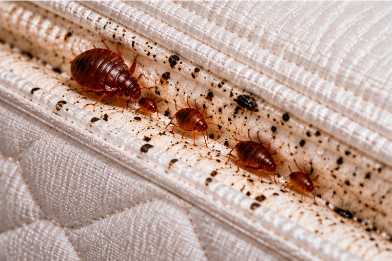A row of bed bugs along the quilted ridge of a mattress, with dense dark spotting across the fabric on either side