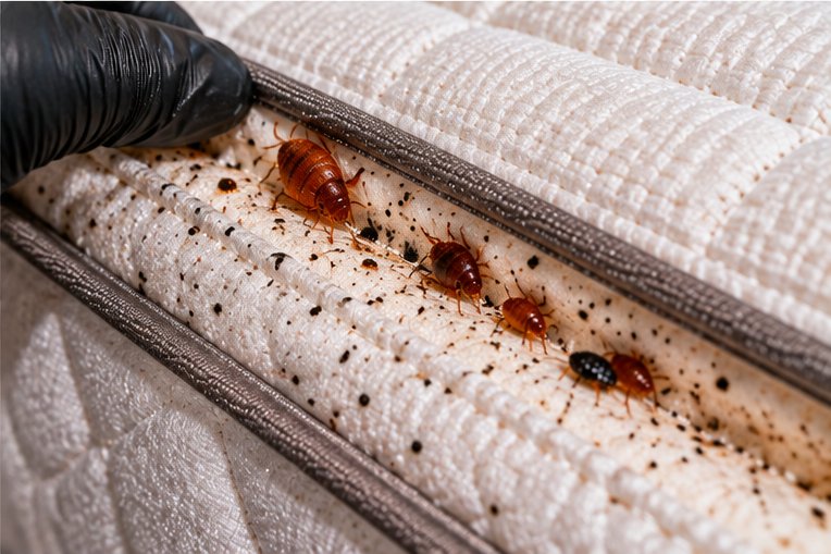 A gloved hand lifting the piped edge of a mattress to show bed bugs and dark spotting running along the piping underneath