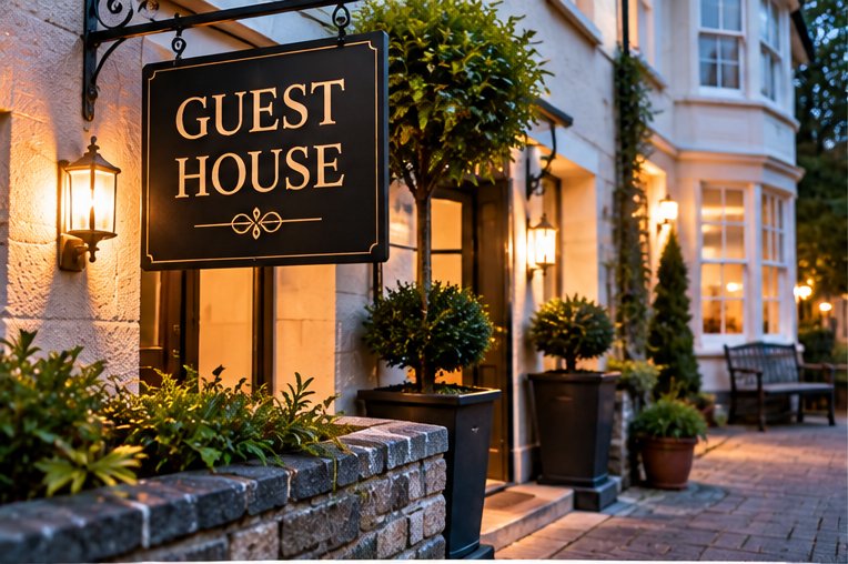 A hanging sign reading Guest House outside a lit period building at dusk, with clipped topiary in planters along the frontage