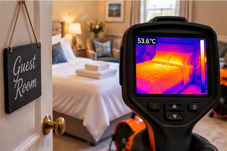 A slate sign reading Guest Room hanging on an open door, with a thermal camera beyond it reading 53.6 degrees Celsius over a made bed