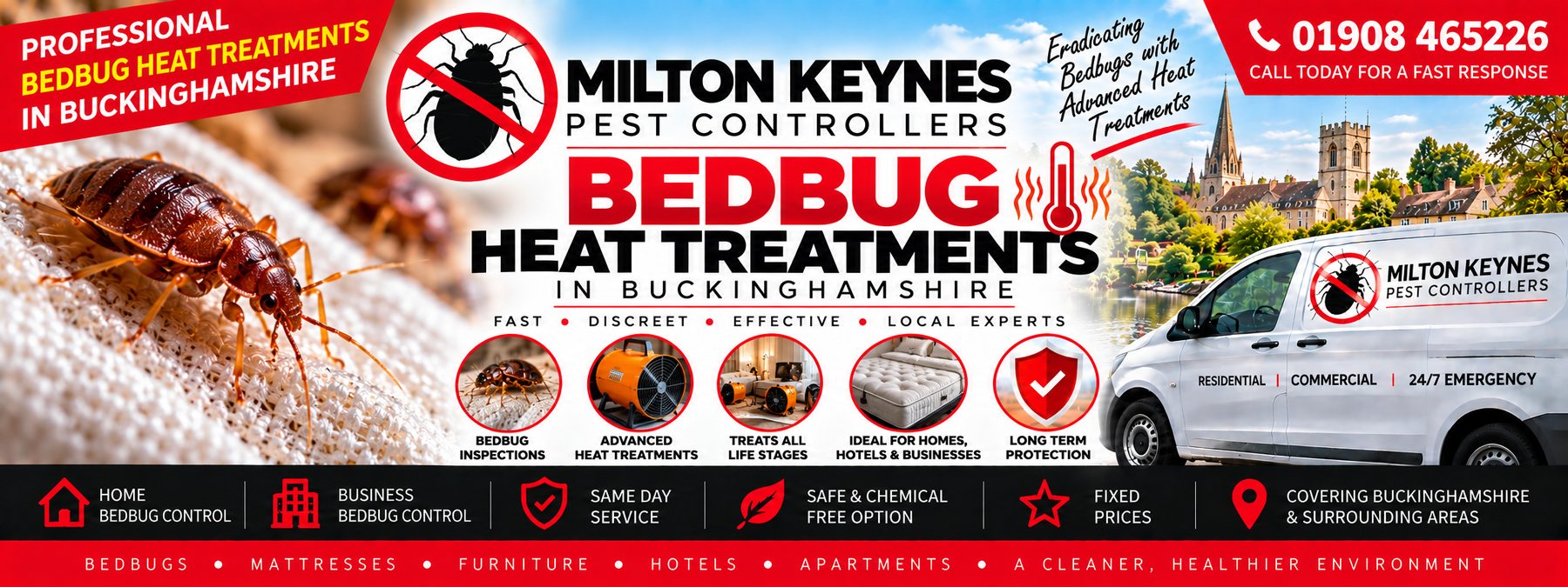 Milton Keynes Pest Controllers bedbug heat treatments banner &mdash; a bed bug close up, heat treatment equipment, the company van and the phone number 01908 465226