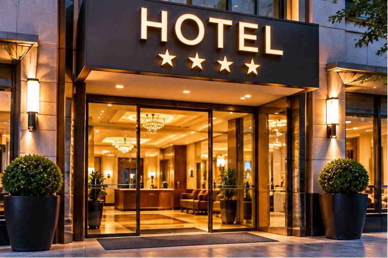 The lit entrance of a hotel at dusk, with a four star sign above the doors and the lobby visible through the glass