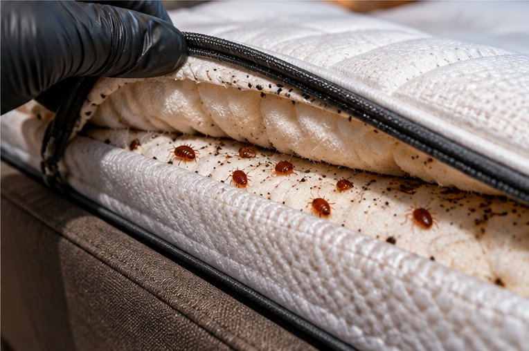 A gloved hand laying a temperature probe cable along a mattress seam, with bed bugs and spotting visible on the piping beside it