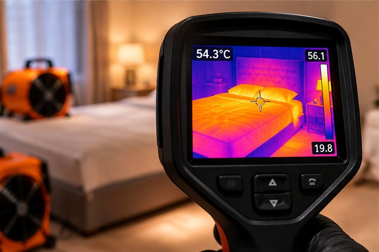 A thermal imaging camera held in a gloved hand, its screen showing a bed in orange and yellow against a purple room, reading 54.3 degrees Celsius at the crosshair and 19.8 at the coolest point