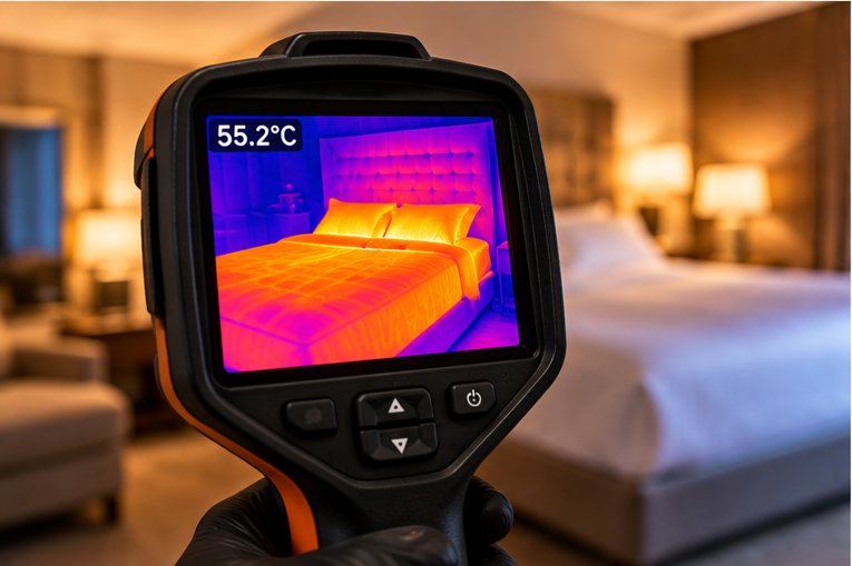 A thermal imaging camera showing a hotel bed glowing orange against a cooler purple background, reading 55.2 degrees Celsius