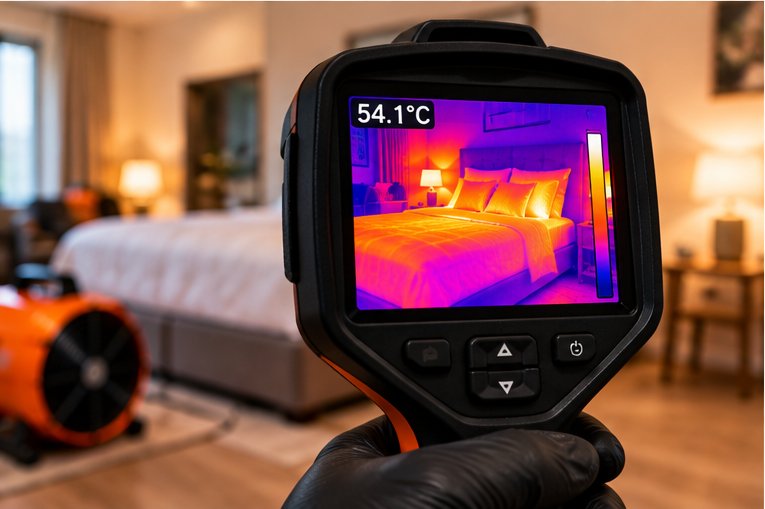 A thermal imaging camera reading 54.1 degrees Celsius over a bed, with an orange heat treatment unit out of focus behind it
