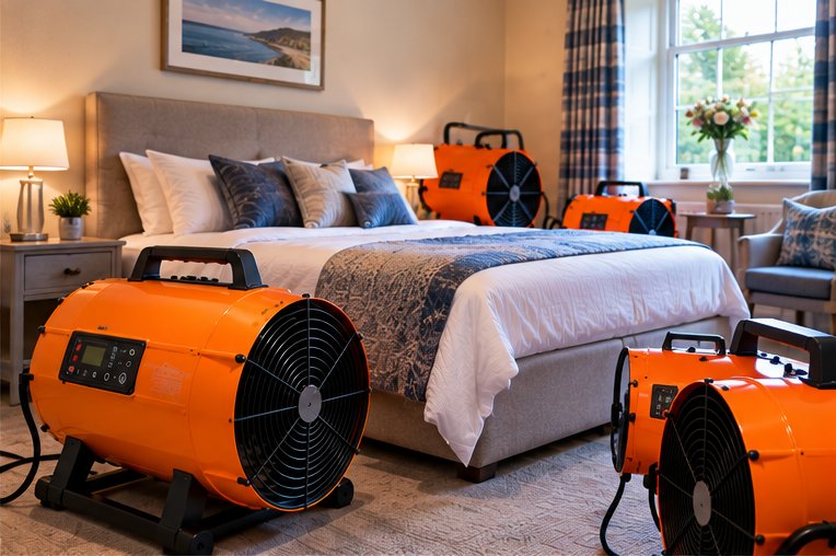 Orange heat treatment units standing on the carpet around a made bed in a guest bedroom with checked curtains and a bay window