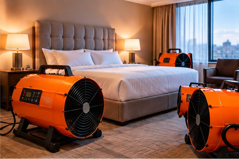 Two orange heat treatment units positioned either side of a made bed in a hotel bedroom, with a city view through the window