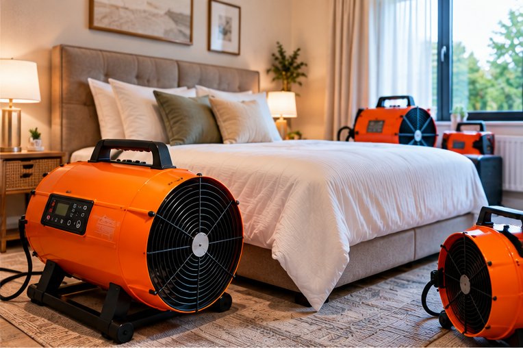 Orange heat treatment units placed around a made bed in a furnished let bedroom, with daylight through a curtained window