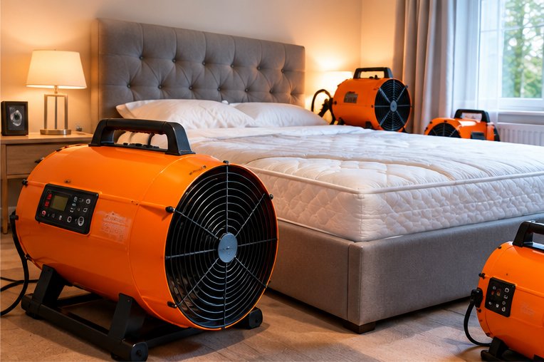 An orange heat treatment fan unit on a stand beside a bed stripped back to the bare mattress, with two further units in the room