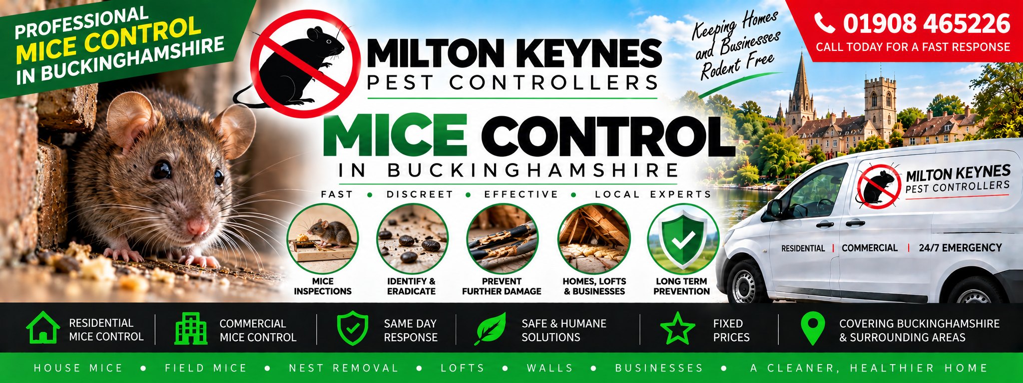 Milton Keynes Pest Controllers mice control banner &mdash; a rodent at a gap in brickwork, the company van, and the phone number 01908 465226
