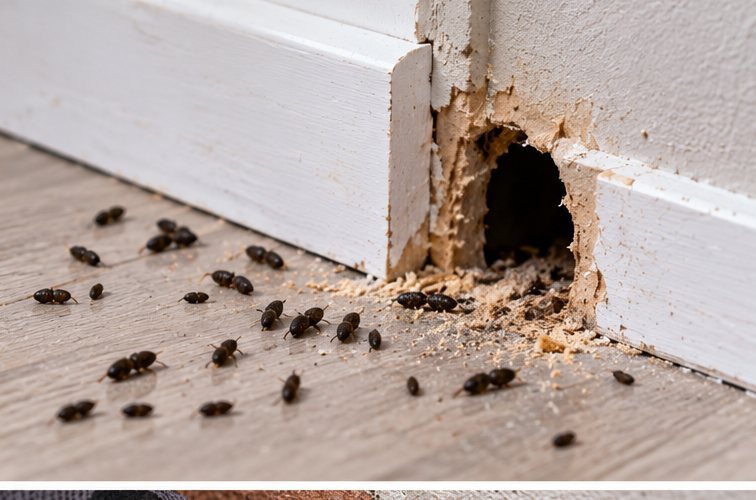 Dark rice-shaped mouse droppings scattered across a pale wooden floor beside a hole gnawed through a white painted skirting board, with gnawed debris around the opening