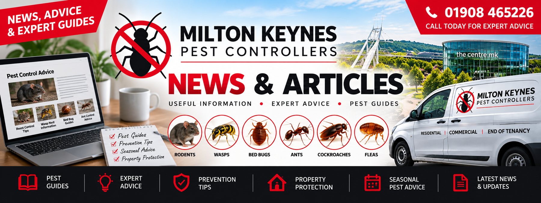 Milton Keynes Pest Controllers news and articles banner &mdash; a laptop showing pest control advice, the company van, and the phone number 01908 465226