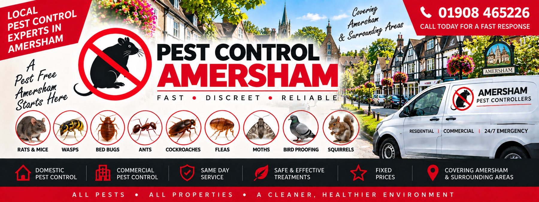 Milton Keynes Pest Controllers pest control banner for Amersham &mdash; the pests covered, the company van and the phone number 01908 465226