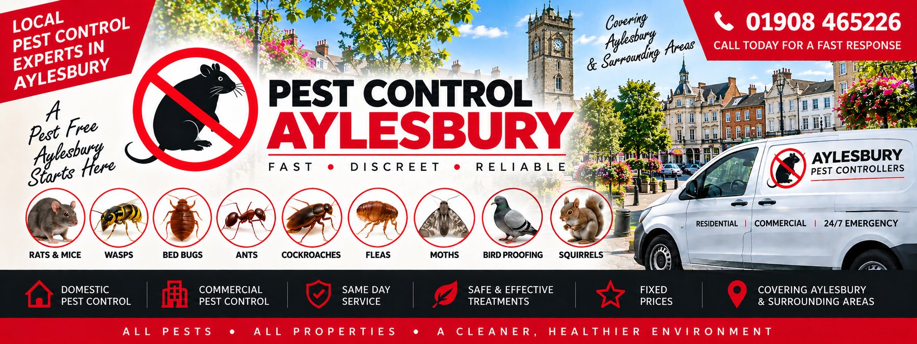 Milton Keynes Pest Controllers pest control banner for Aylesbury &mdash; the pests covered, the company van and the phone number 01908 465226