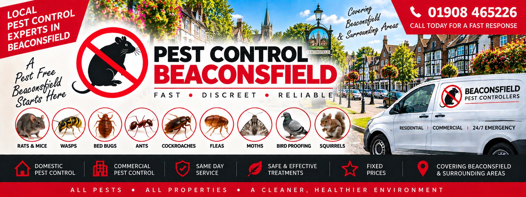Milton Keynes Pest Controllers pest control banner for Beaconsfield &mdash; the pests covered, the company van and the phone number 01908 465226