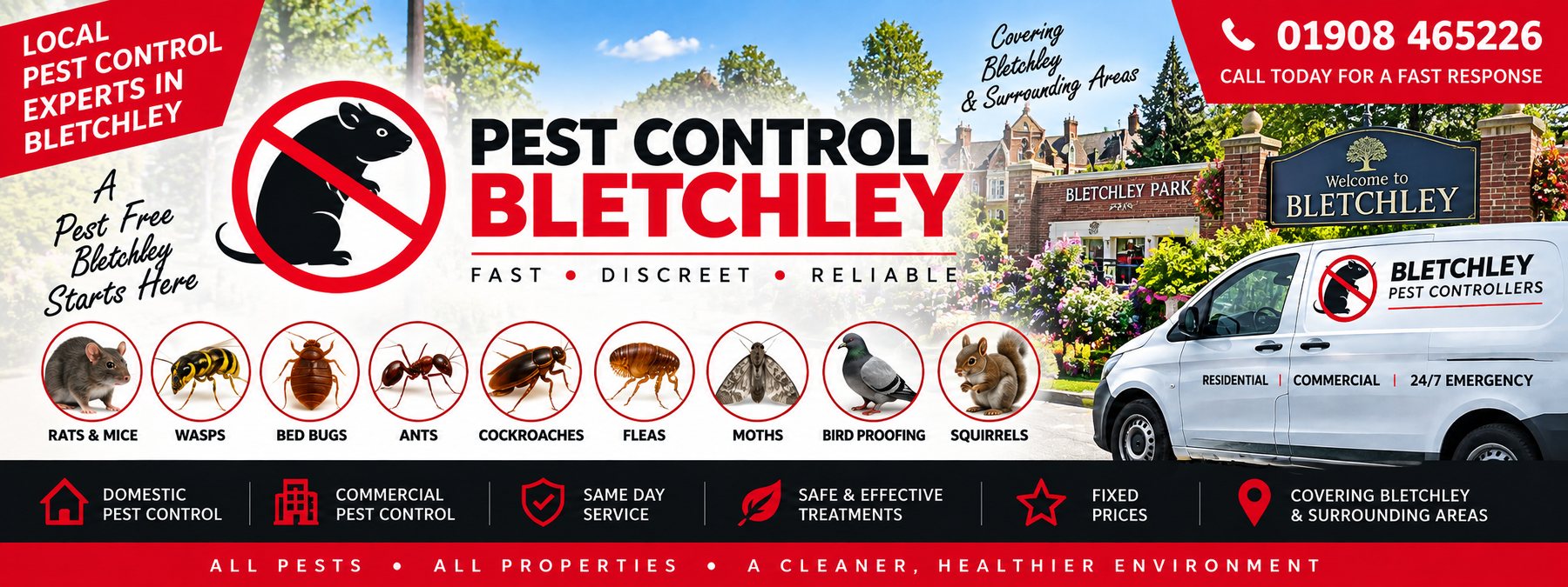 Milton Keynes Pest Controllers pest control banner for Bletchley &mdash; the pests covered, the company van and the phone number 01908 465226
