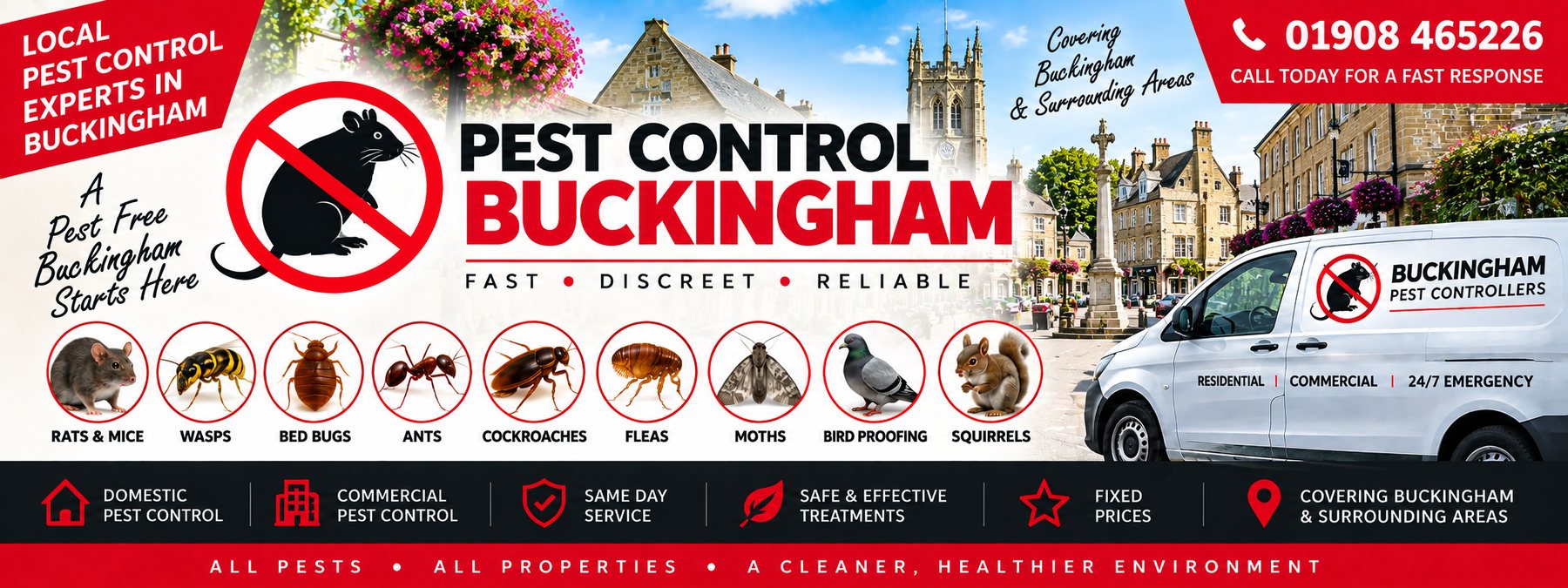 Milton Keynes Pest Controllers pest control banner for Buckingham &mdash; the pests covered, the company van and the phone number 01908 465226