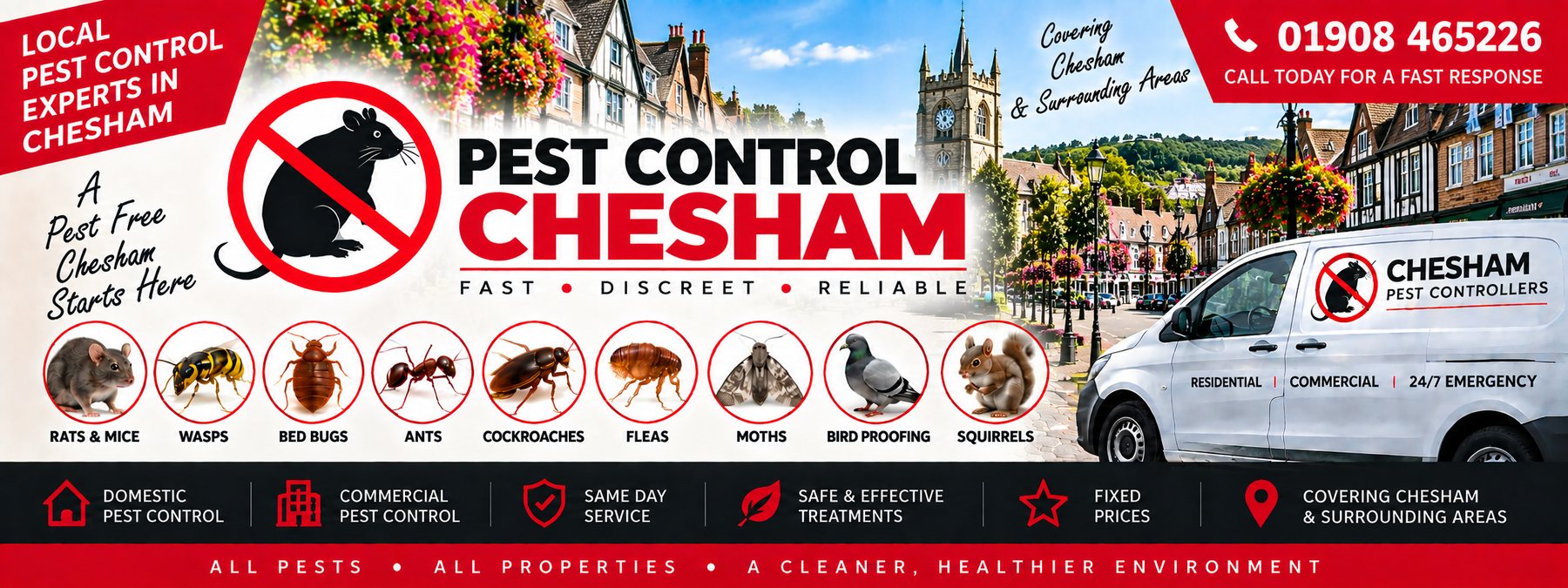 Milton Keynes Pest Controllers pest control banner for Chesham &mdash; the pests covered, the company van and the phone number 01908 465226