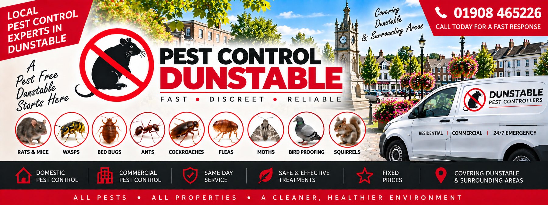 Milton Keynes Pest Controllers pest control banner for Dunstable &mdash; the pests covered, the company van and the phone number 01908 465226