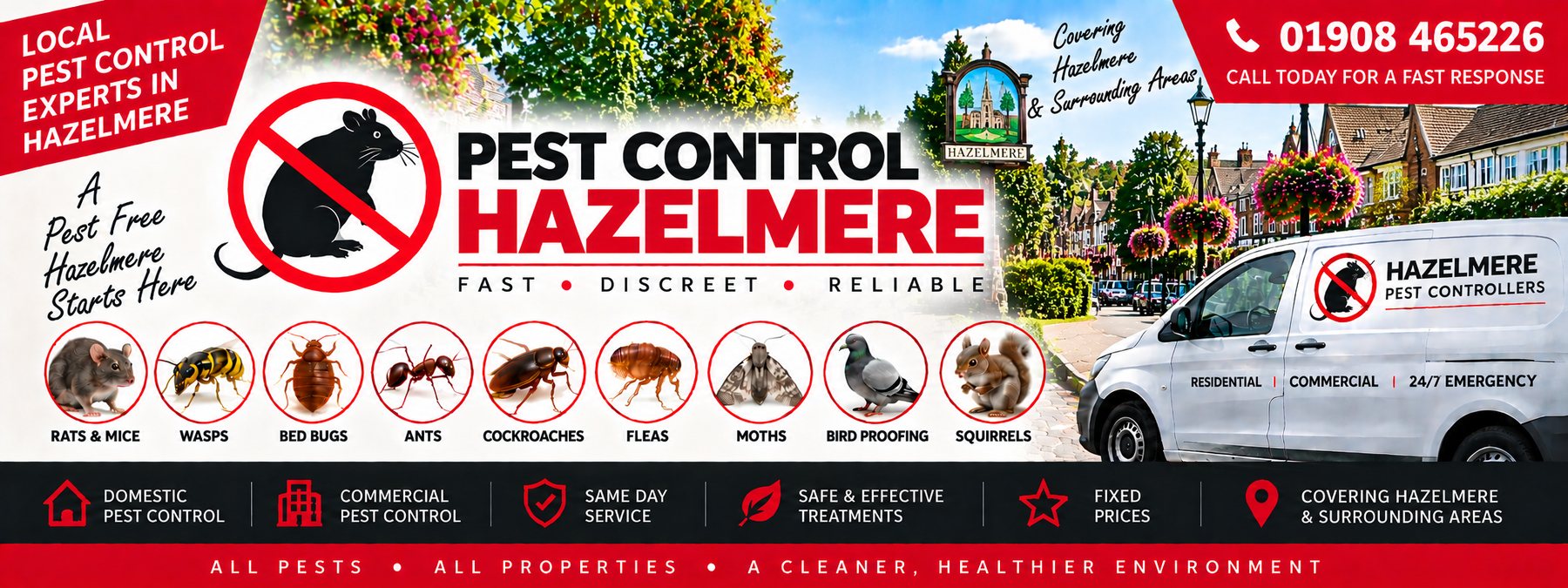 Milton Keynes Pest Controllers pest control banner for Hazlemere &mdash; the pests covered, the company van and the phone number 01908 465226